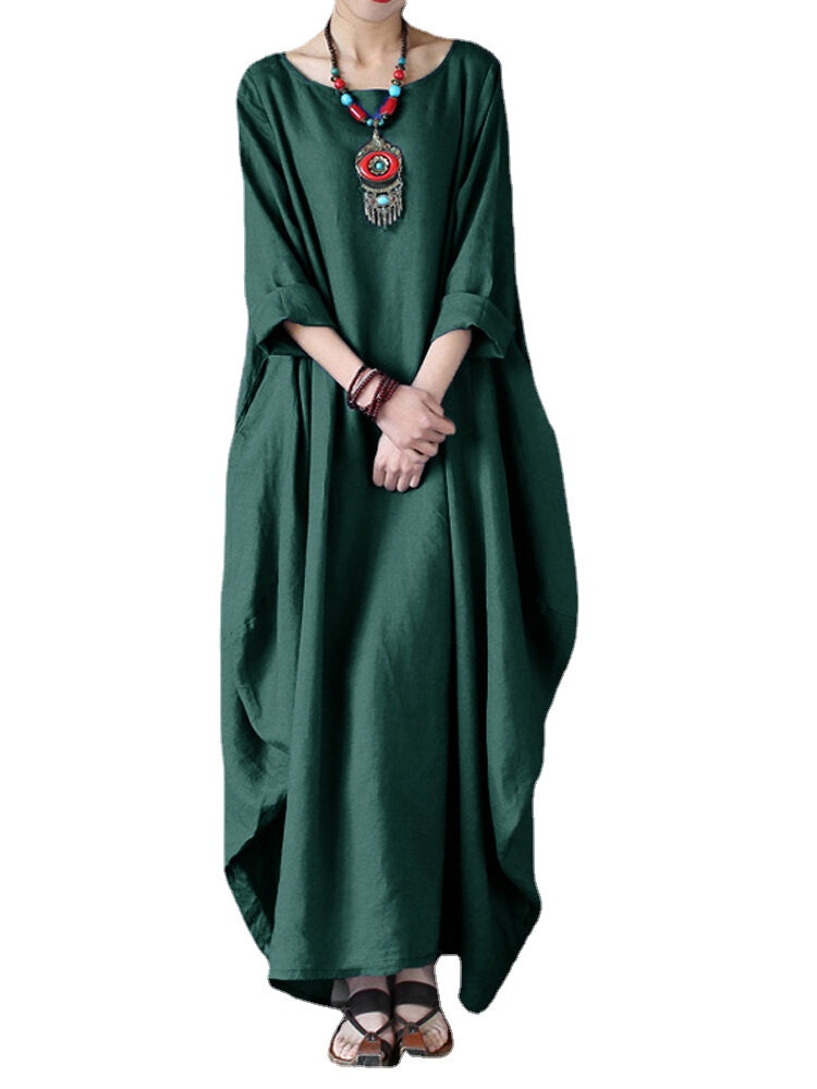 L-5XL Casual Women Loose Solid Color Baggy 3/4 Sleeve Maxi Dress(No Pocket)