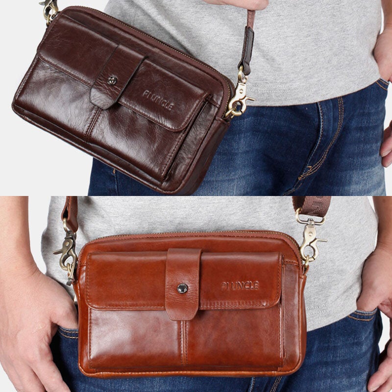 Men Genuine Leather Multi-function Retro Shoulder Bag Waist Cross Body