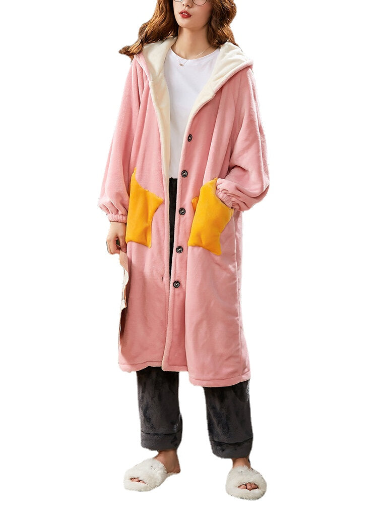 Women Coral Fleece Double Star Pockets Thick Warm Loose Button Up Sleepwear Hooded Robes