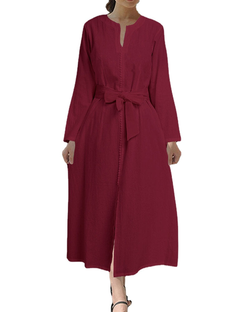 Women Daily Casual Belted Tie Waist Long Sleeve Solid Cotton Maxi Dress