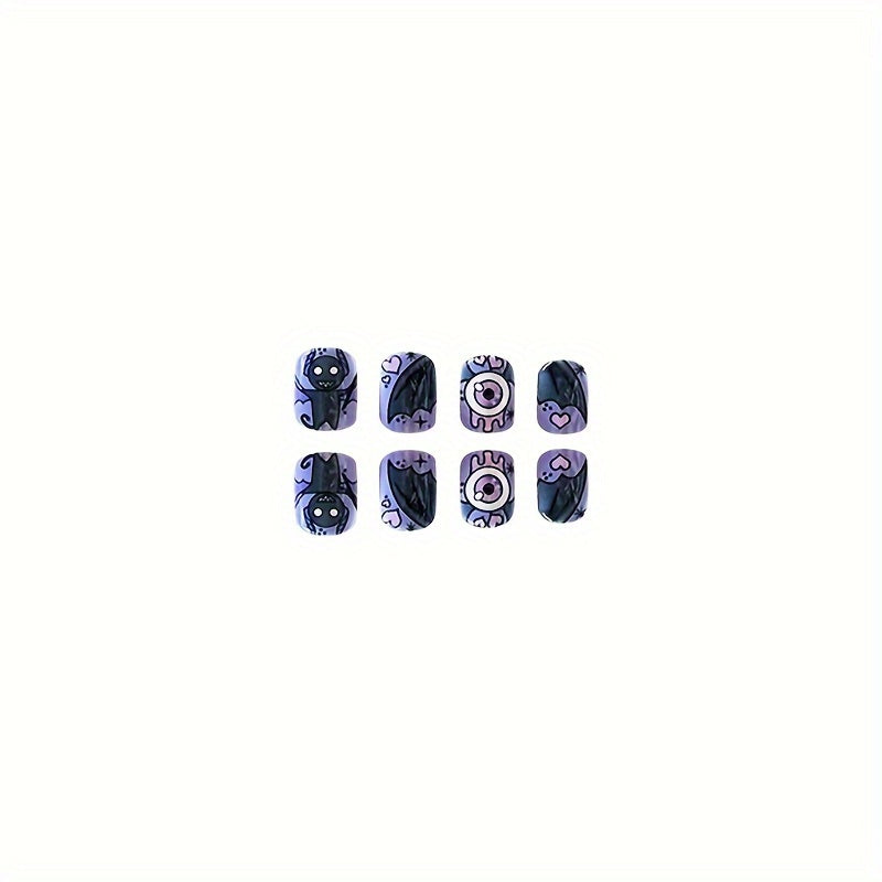 24 Halloween Fake Nails - Purple Bat, Skull, Heart Design - Short Square Press On Nails