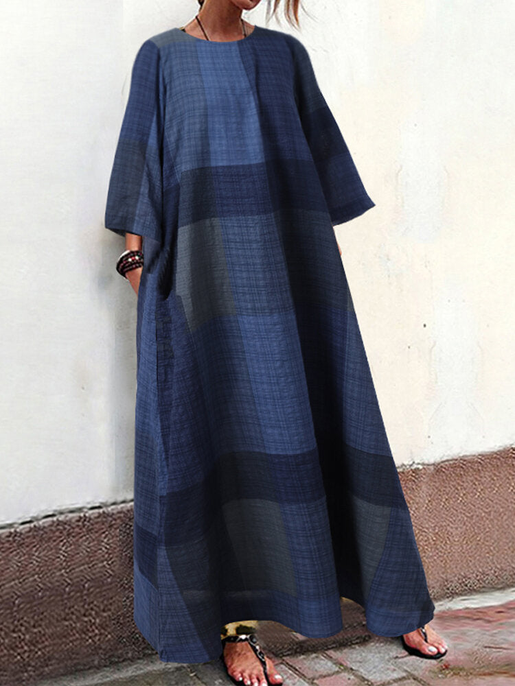 Women Plaid Printing Crew Neck 3/4 Sleeve Daily Loose Casual Maxi Dress