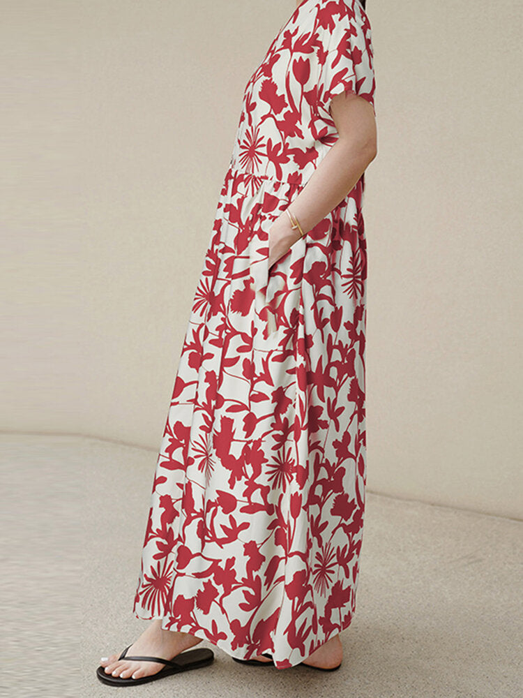 Women Floral Print Bohemian Leisure Maxi Dress With Side Pockets