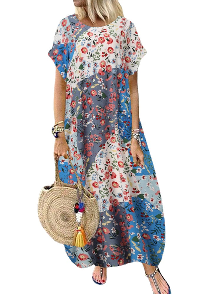 Women Retro O-neck Multicolor Floral Print Short Sleeve Loose Holiday Baggy Maxi Dress With Pocket