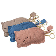 Women Genuine Leather Casual Cute Animal Nap Cat Pattern Mini Keychain Coin Storage Bag