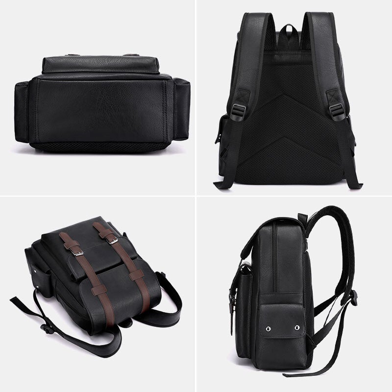 Men PU Soft Leather Multi-pocket Decompression Design Backpack Retro 14 Inch Laptop Bag Student School Bag