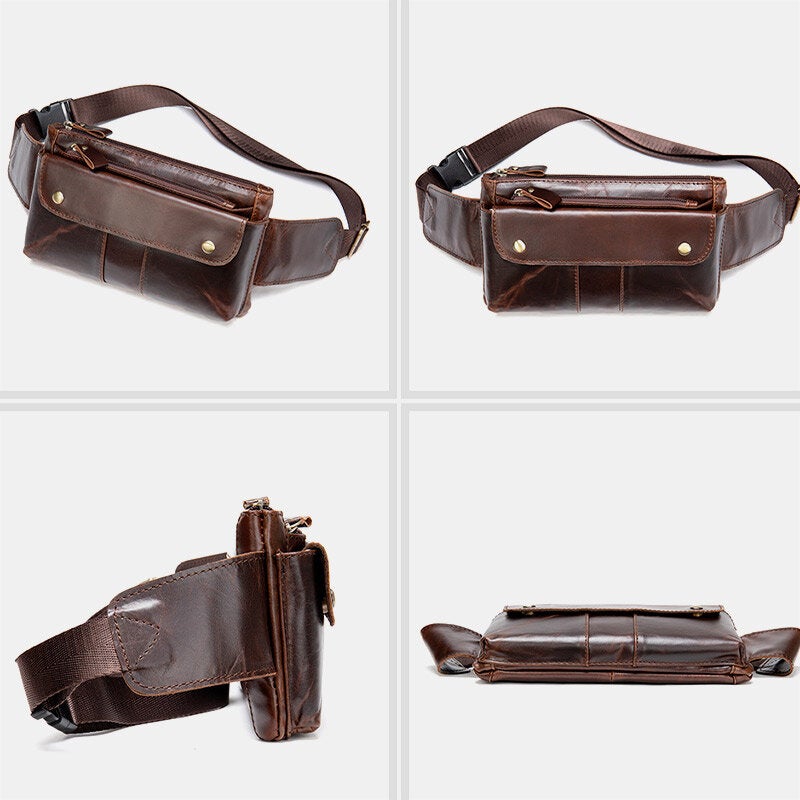 Men Genuine Leather Multi-pocket Chest Bag Waist Vintage 6.5 Inch Phone Anti-Theft Sling Crossbody Shoulder