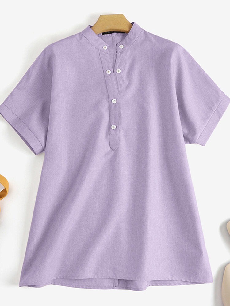 Solid Button Stand Collar Short Sleeve Loose Casual Blouse