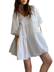 Women Puff Sleeve U-Neck Solid Color Short Sleeve Casual Tiered Dress
