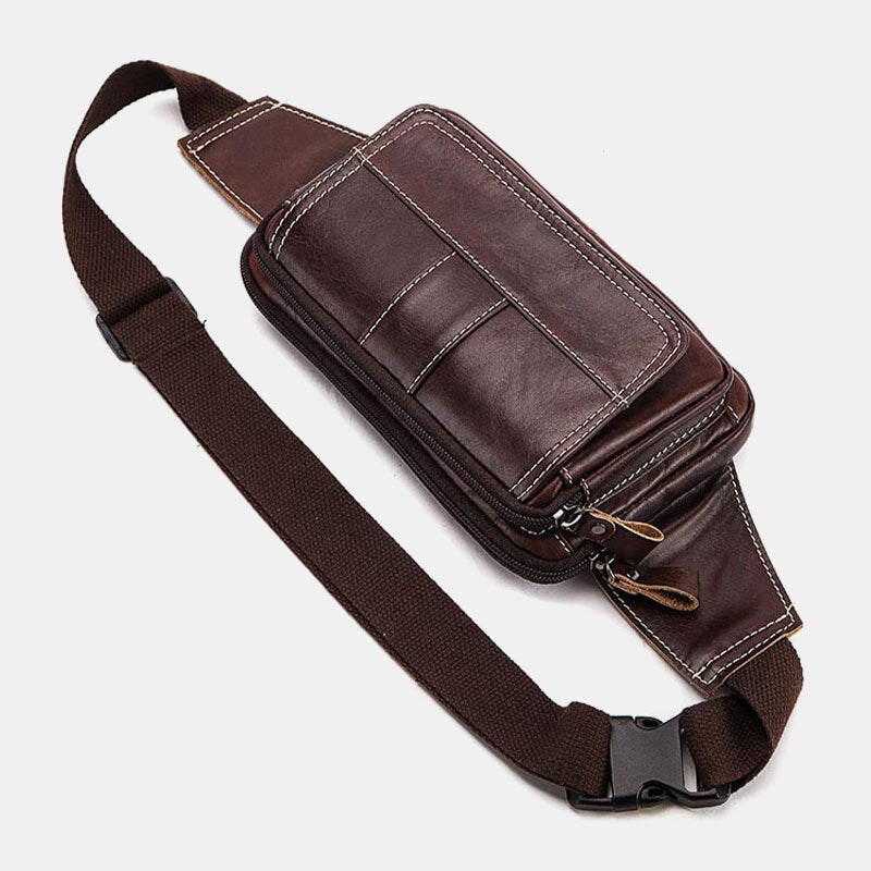 Men First Layer Cowhide Multifunction Chest Bag Large Capacity Retro 6.5 Inch Phone Bags Crossbody Waist