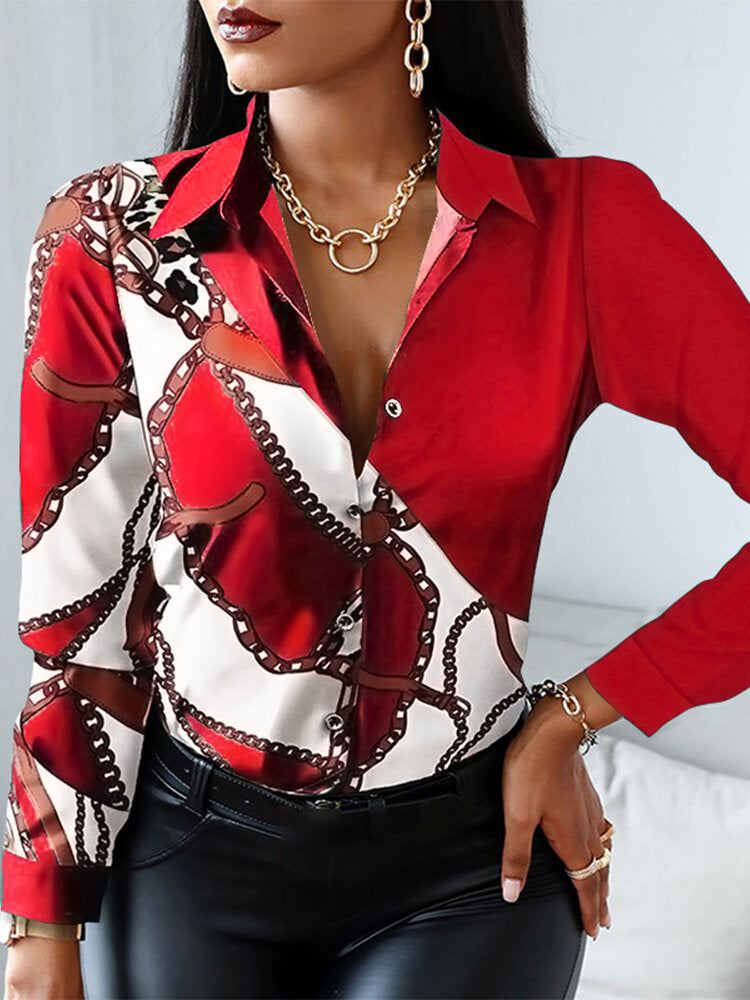 Chain Print Long Sleeve Lapel Button Down Shirt