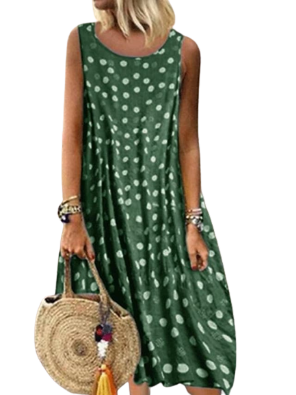 Women's Sleeveless Polka Dot Print Crew Neck Swing Boho Dress