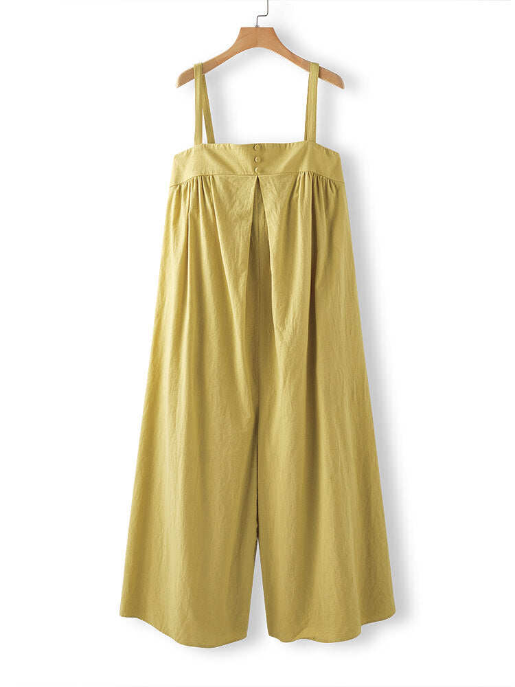 Solid Color Straps Pleated Daily Casual Jumpsuit For Women