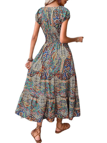 Women's Long Dress Maxi Dress Casual Dress Swing Dress Summer Dress Floral Paisley Tribal Fashion Casual Outdoor Daily Holiday Ruched Print Short Sleeve V Neck Dress Loose Fit Green Red OrangeMaxi Print Dresses