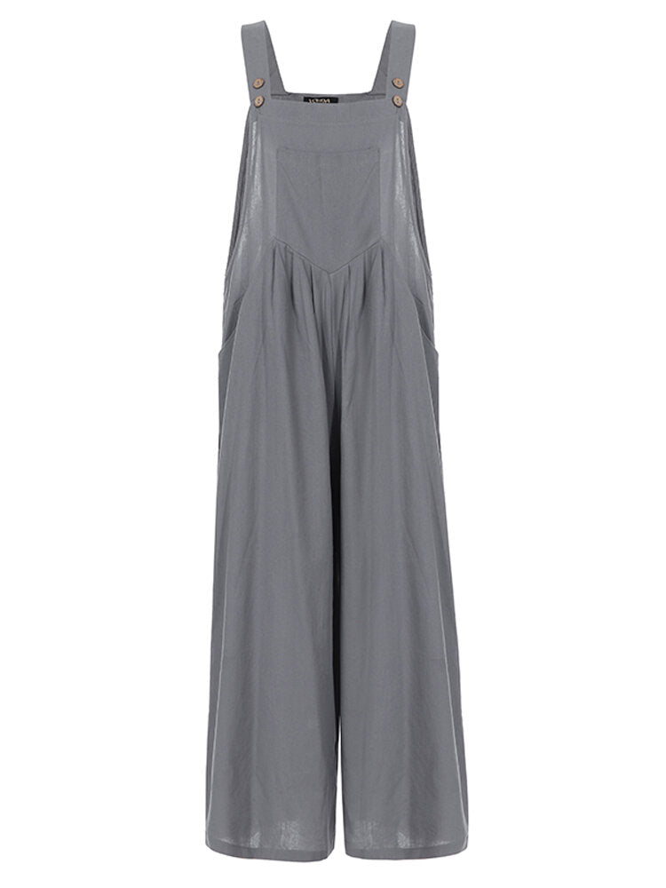 Solid Color Button Sleeveless Overalls Side Pocket Jumpsuit For Women