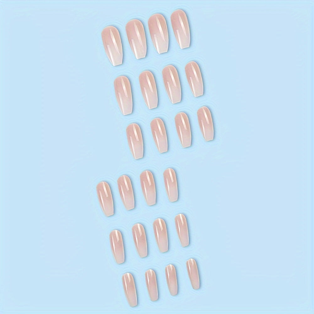 Gradient Pink & White Coffin Fake Nails - 24 Pcs Reusable Press-On French Style