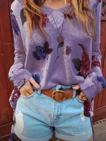 Women Floral Print V-Neck Knitted Casual Long Sleeve Sweaters