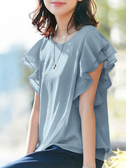 Solid Layered Ruffle Round Neck Casual Blouse