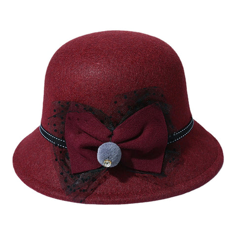 Women Winter Outdoor Cool Protection Warm Top Hat Felt Bow Decoration Lace Fedora Hat Bucket Hat