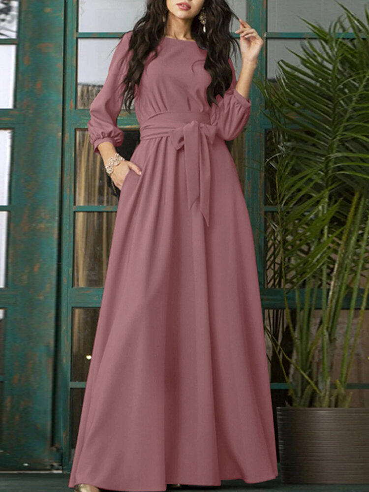 Solid Color Belted O-neck Lace Up Side Pocket 3/4 Sleeve Vintage Maxi Dress