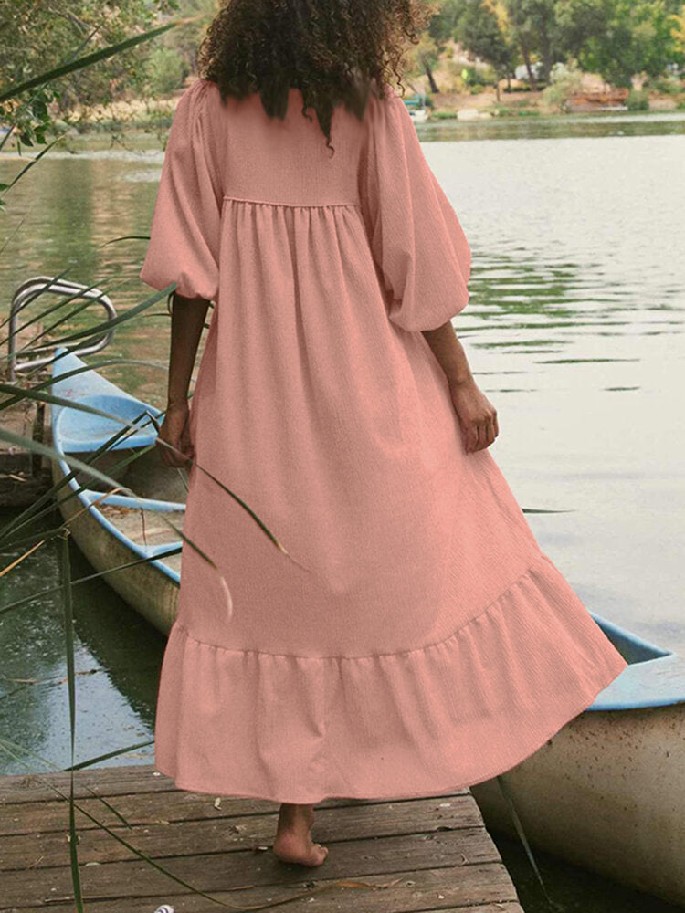 Women Cotton Solid Color Tie Neck Puff Sleeve Ruffle Hem Simple Maxi Dresses