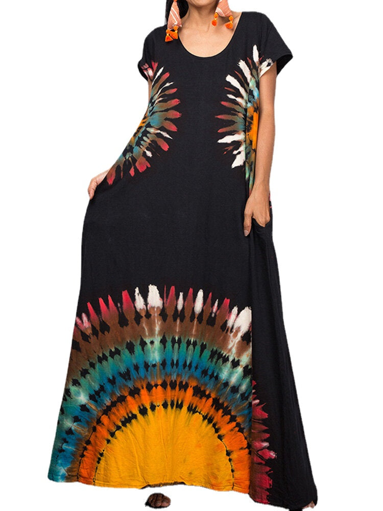 Retro Ethnic Style Bohemian Holiday Short Sleeve Loose Casual Maxi Dress