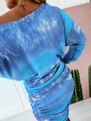 Women Tie-Dye Print Off Shoulder Drawstring Hem Long Sleeve Dress