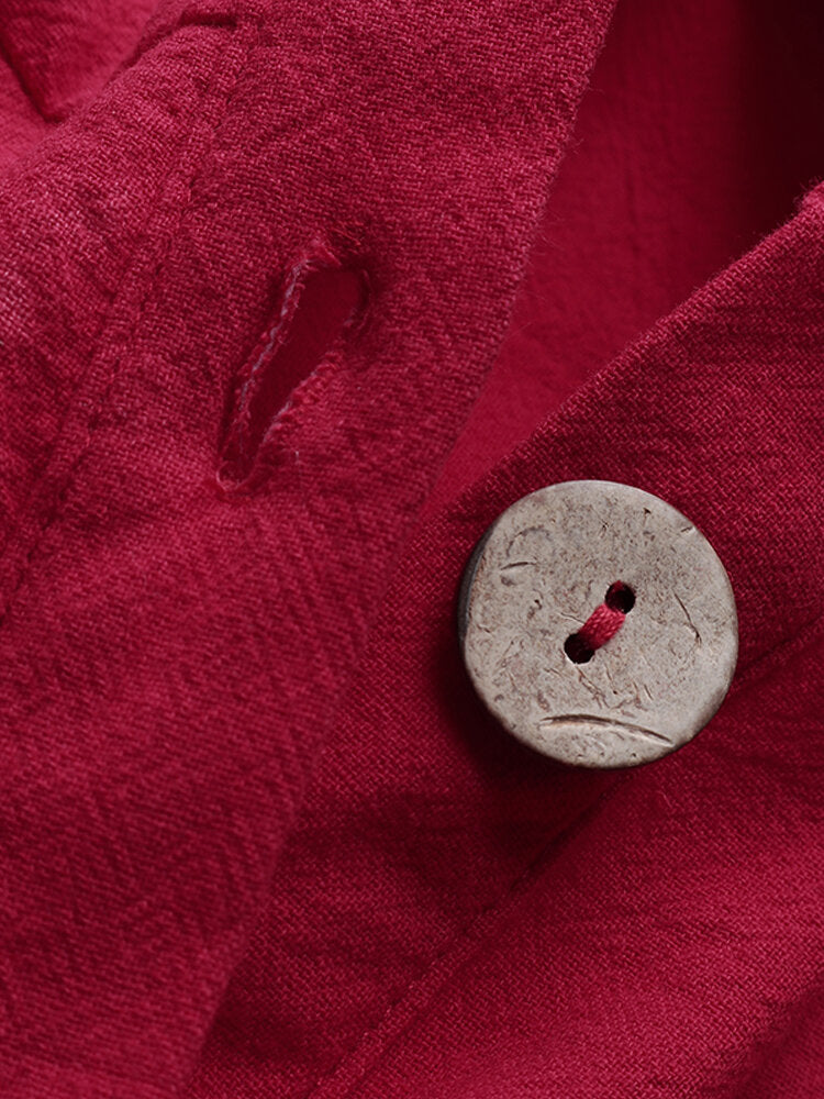 Women Cotton V-neck Buttons Down Bandage Solid Shirt Dress