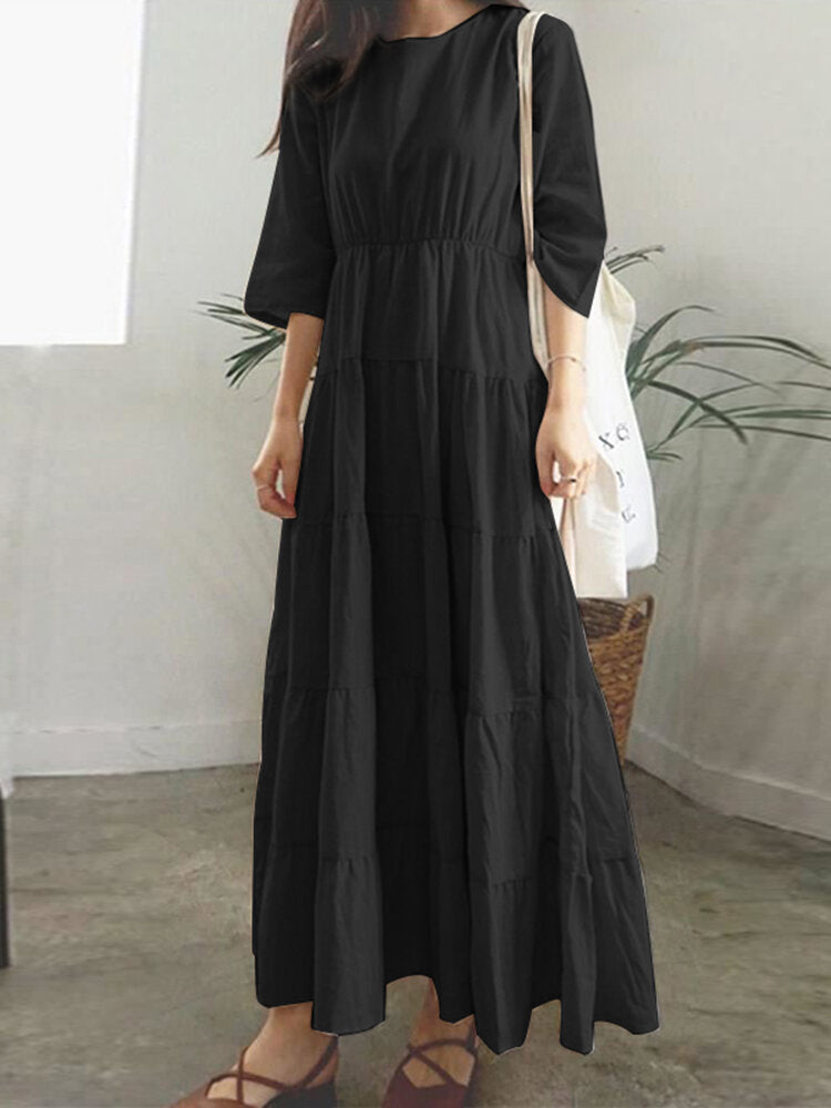 Women Plain O-Neck Stitching Layered Elastic Waist 3/4 Sleeve Maxi Dress