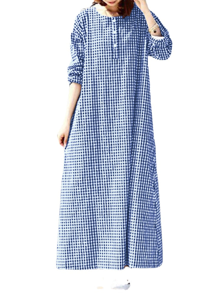Women Casual Plaid Half Button Front Long Sleeve Maxi Dresses