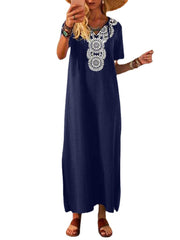 Bohemia Embroidery V-neck Short Sleeve Split Maxi Dress