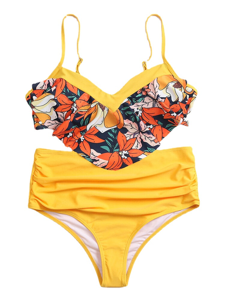 Tropical Print Ruffles Trim Open Back High Waist Holiday Irregular Beach Bikini