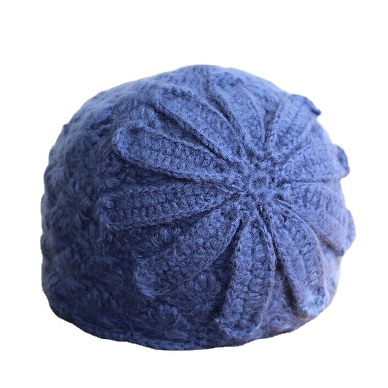 Ethnic Style Handmade Knitted Wool Hat Women Retro Elegant Flower Beret Beanie