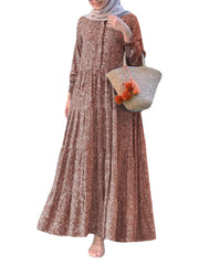 Women Floral Print O-neck Casual Holiday Bohemian Long Sleeve Tiered Maxi Dress
