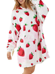 Women Cute Strawberry Print Thicken Blanket Hoodie Oversized Robes With Kangaroo Pocket