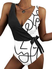 Graffiti Print Patchwork Knotted Sleeveless Slimming High Neck Women Swimsuits One Piece