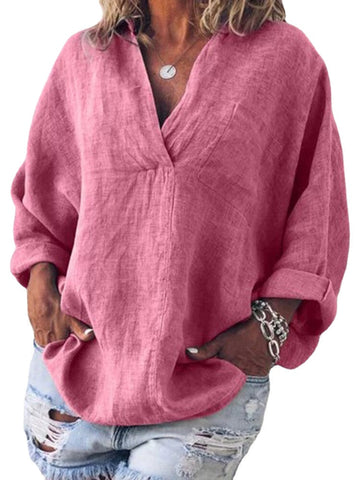 Women Casual V-neck Long Sleeve Pocket Loose Cotton Blouse