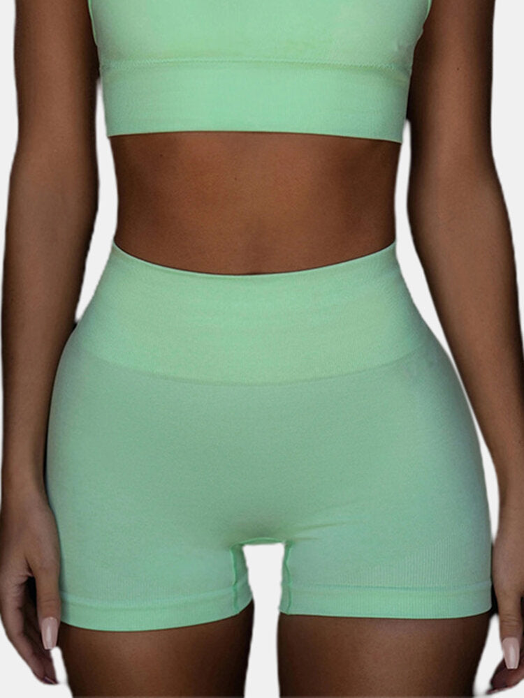 Sport Women Plain Elastic Seamless Yoga Gym High Waist Shorts