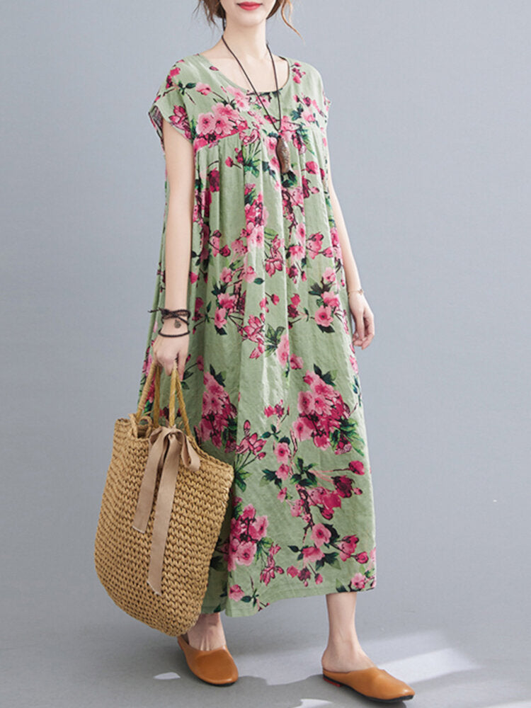 Floral Printed Bohemian Europe Retro Style O-Neck Loose Dress