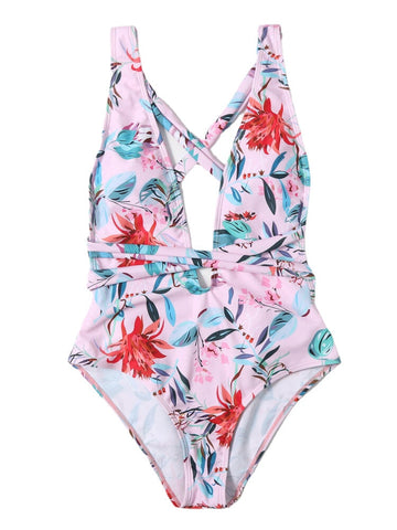 Women Floral Print V-Neck Criss-Cross Belted Backless Slimming One-Piece Swimwear