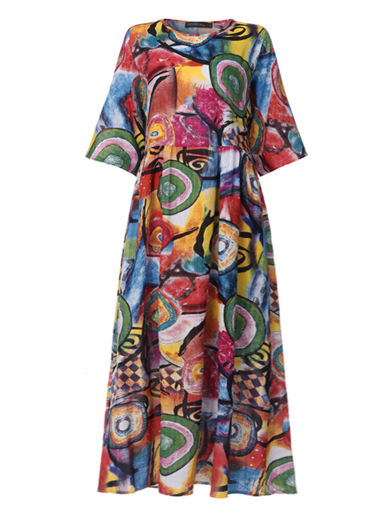 Women Retro Graffiti Print Round Neck Pleated Casual Maxi Dresses