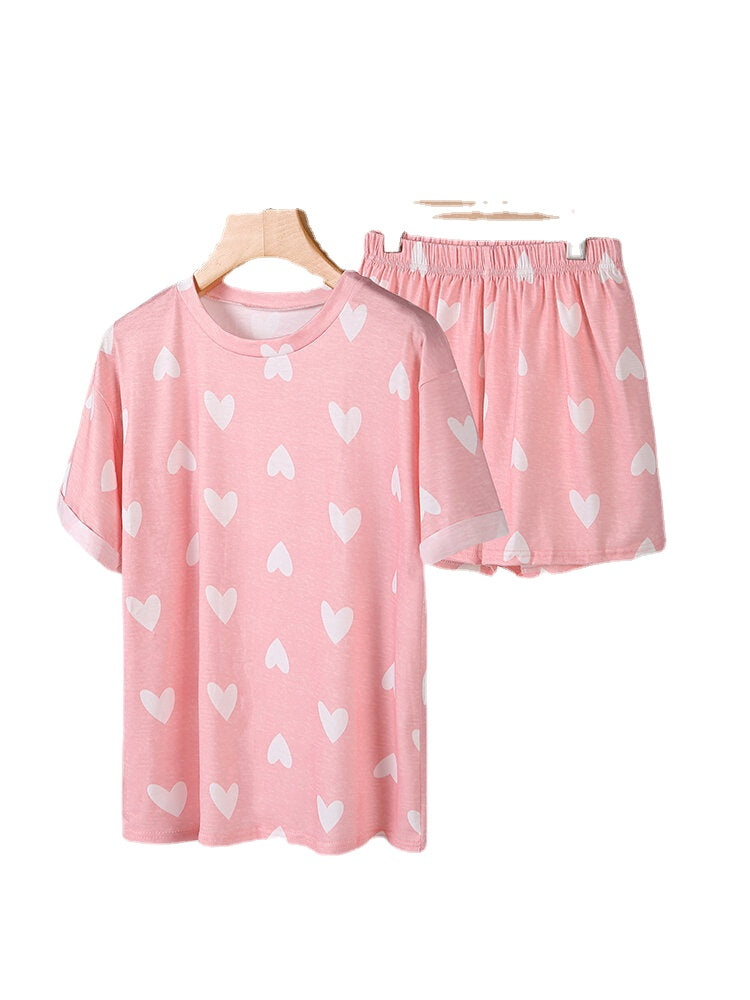 Plus Size Women Heart Print Short Sleeve Elastic Waist Casual Pajamas Sets