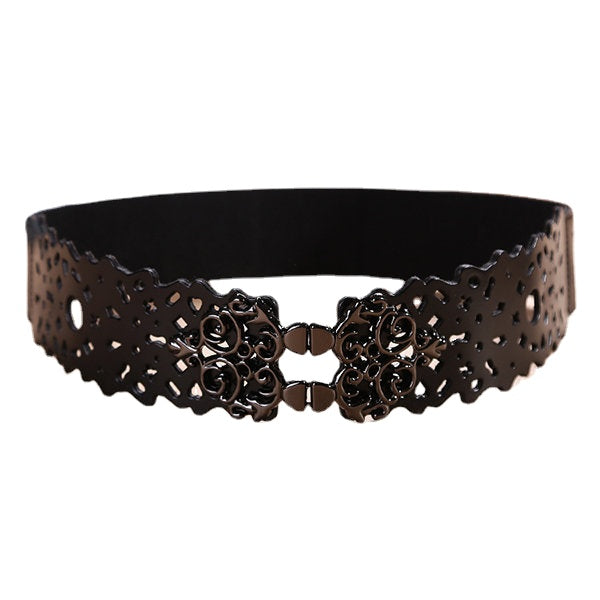 Women First Layer Leather Hollow Belts Elastic Stretchable Metal Button Waistband