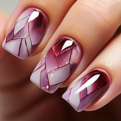 24pcs Glossy Purple Gradient French Press On Nails, Rhombus Design, Short Square False Nails for Women Girls