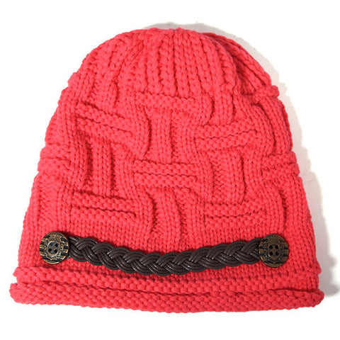 Women Girl Crochet Strap Knitting Caps Button Decorative Baggy Beanie Hat