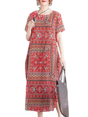 Ethnic Women Floral Print Short Sleeve Split Cotton Vintage Dress