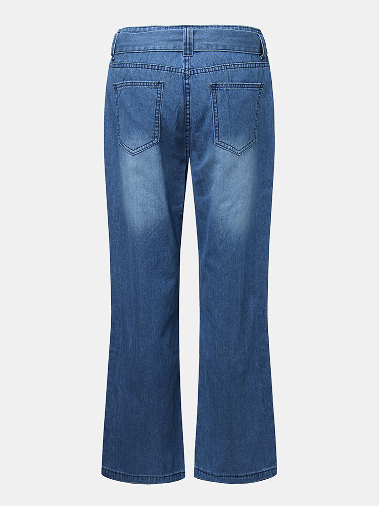 Women Casual Zipper Fly Lace-Up Mid Waist Wide Leg Jeans With Pocket