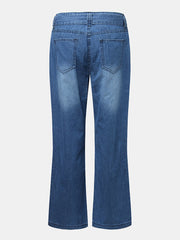 Women Casual Zipper Fly Lace-Up Mid Waist Wide Leg Jeans With Pocket