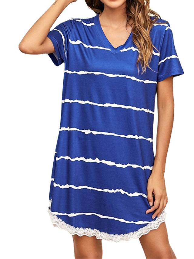Women's Plus Size Pajamas Nightgown Nighty Pjs Stripe Sport Simple Comfort Home Daily Vacation Cotton Breathable V Wire Short Sleeve Spring Summer Blue Wine, Sweet, Lace, Print