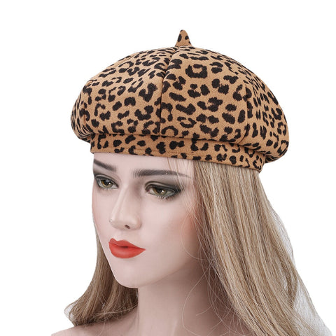 Women Woolen Warm Young All-match Leopard Pattern Painter Hat Newsboy Hat Octagonal Hat Beret Hat